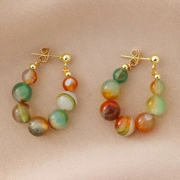 Retro Style Round Agate Beaded Earrings Elegant Colorful Beaded Crystal Boho - Picture 4 of 5
